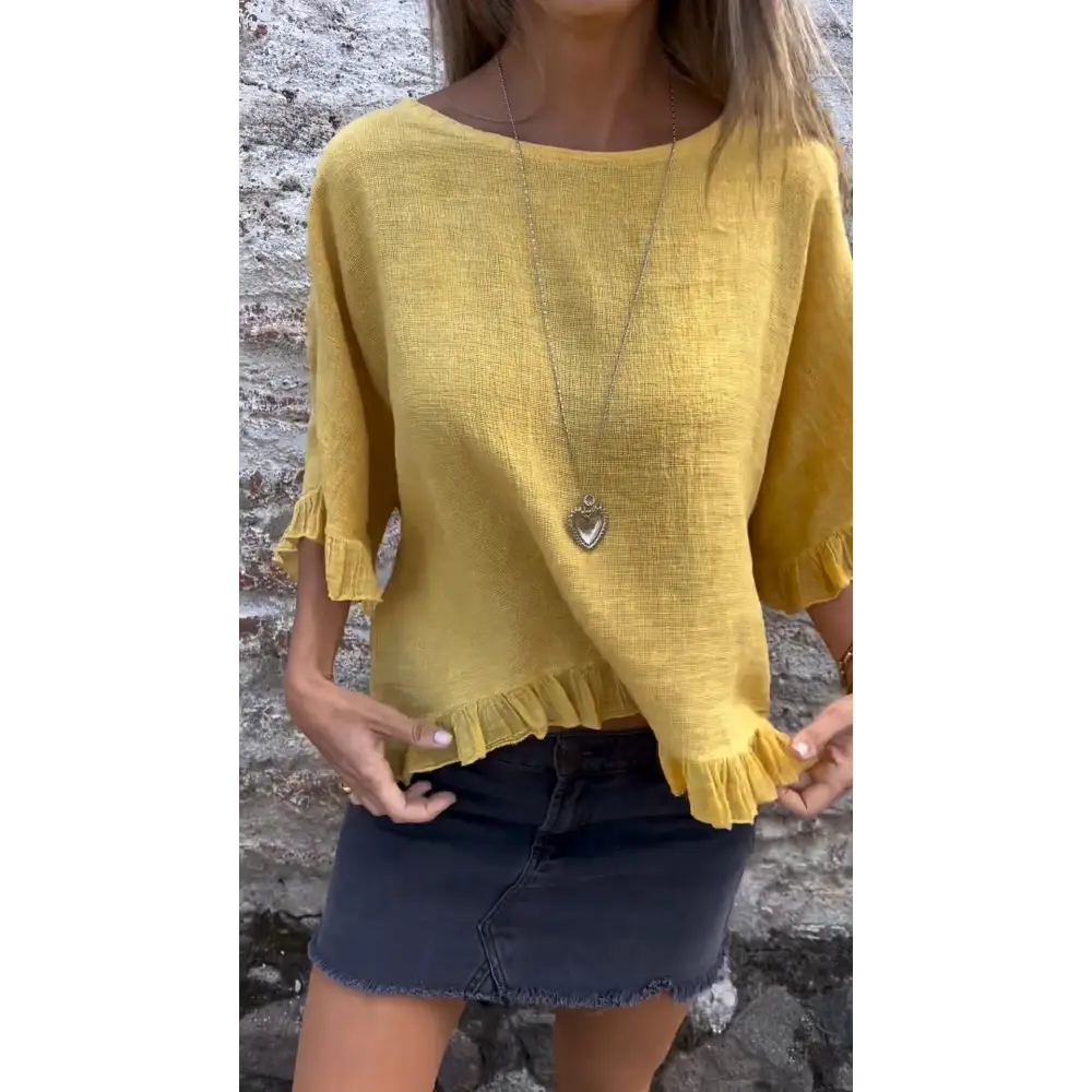 Cotton-Linen Top with Gathered Hem – Hope – Yellow