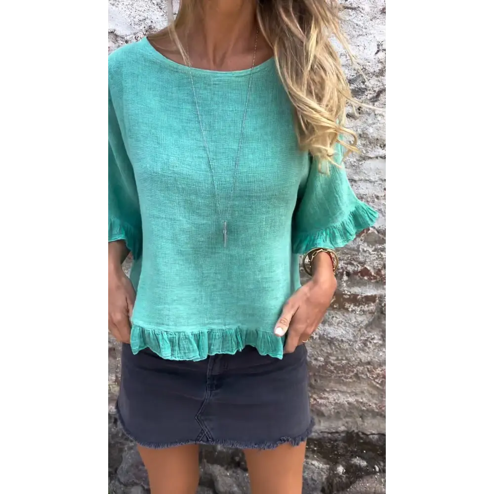 Cotton-Linen Top with Gathered Hem – Hope – Blue