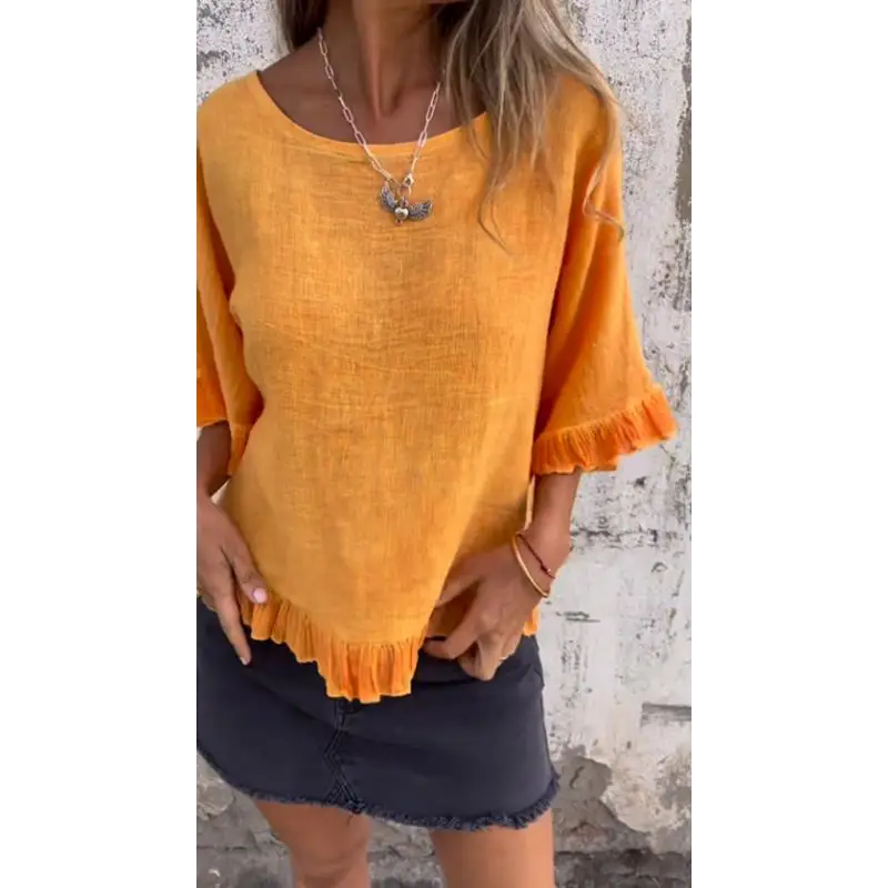 Cotton-Linen Top with Gathered Hem – Hope – Orange