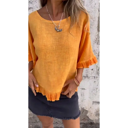 Cotton-Linen Top with Gathered Hem – Hope – Orange