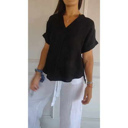 Cotton-Linen Short-Sleeve V-Neck Blouse – Cecilia – view 4