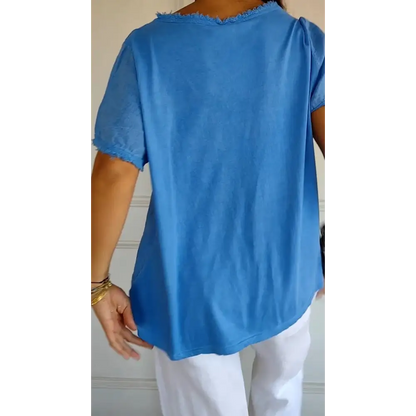 Cotton-Linen Short-Sleeve V-Neck Blouse – Hattie – view 2