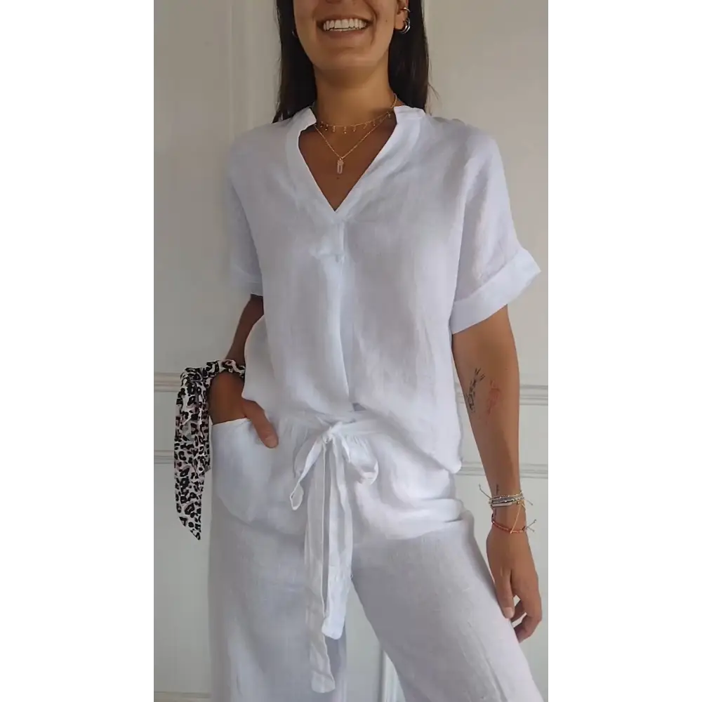 Cotton-Linen Short-Sleeve V-Neck Blouse – Cecilia – view 5