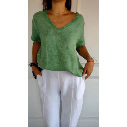 Cotton-Linen Short-Sleeve V-Neck Blouse – Hattie – view 3