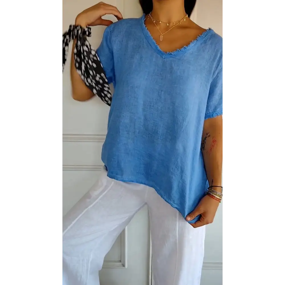 Cotton-Linen Short-Sleeve V-Neck Blouse – Hattie
