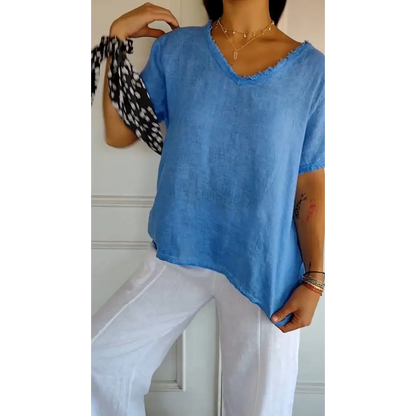Cotton-Linen Short-Sleeve V-Neck Blouse – Hattie