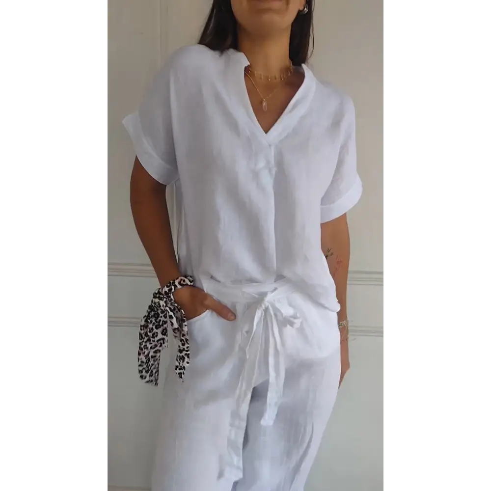 Cotton-Linen Short-Sleeve V-Neck Blouse – Cecilia – White