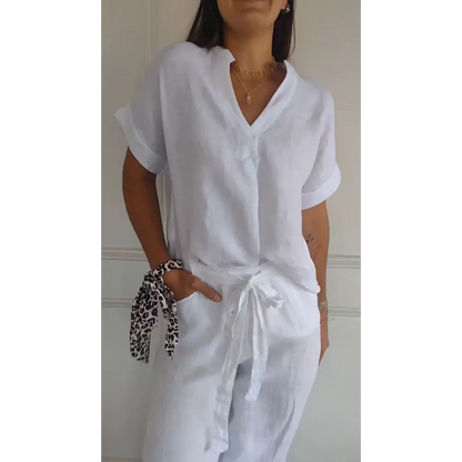Cotton-Linen Short-Sleeve V-Neck Blouse – Cecilia – White