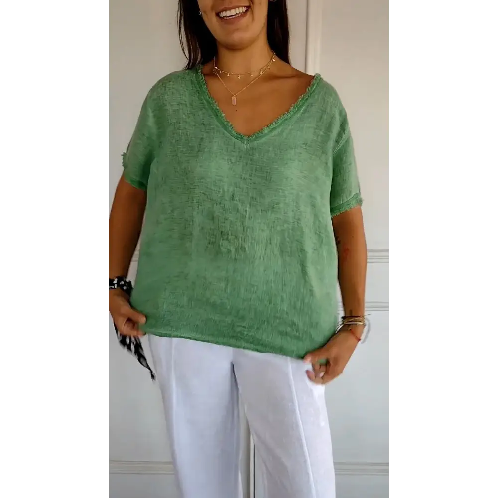 Cotton-Linen Short-Sleeve V-Neck Blouse – Hattie – view 4