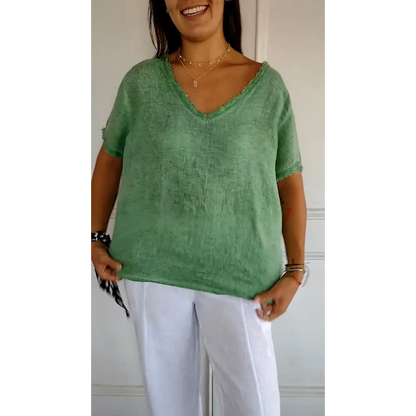 Cotton-Linen Short-Sleeve V-Neck Blouse – Hattie – view 4
