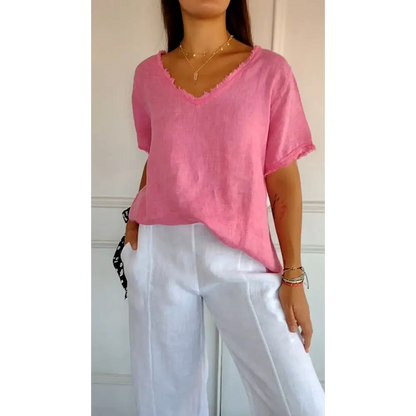 Cotton-Linen Short-Sleeve V-Neck Blouse – Hattie – Pink