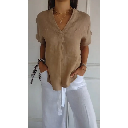 Cotton-Linen Short-Sleeve V-Neck Blouse – Cecilia – Coffee