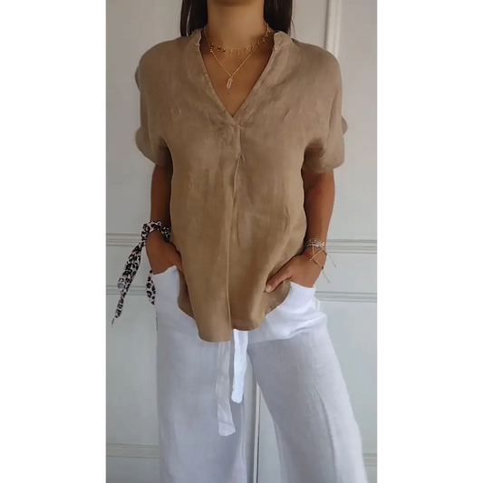 Cotton-Linen Short-Sleeve V-Neck Blouse – Cecilia – Coffee