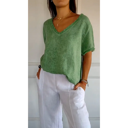 Cotton-Linen Short-Sleeve V-Neck Blouse – Hattie – Green