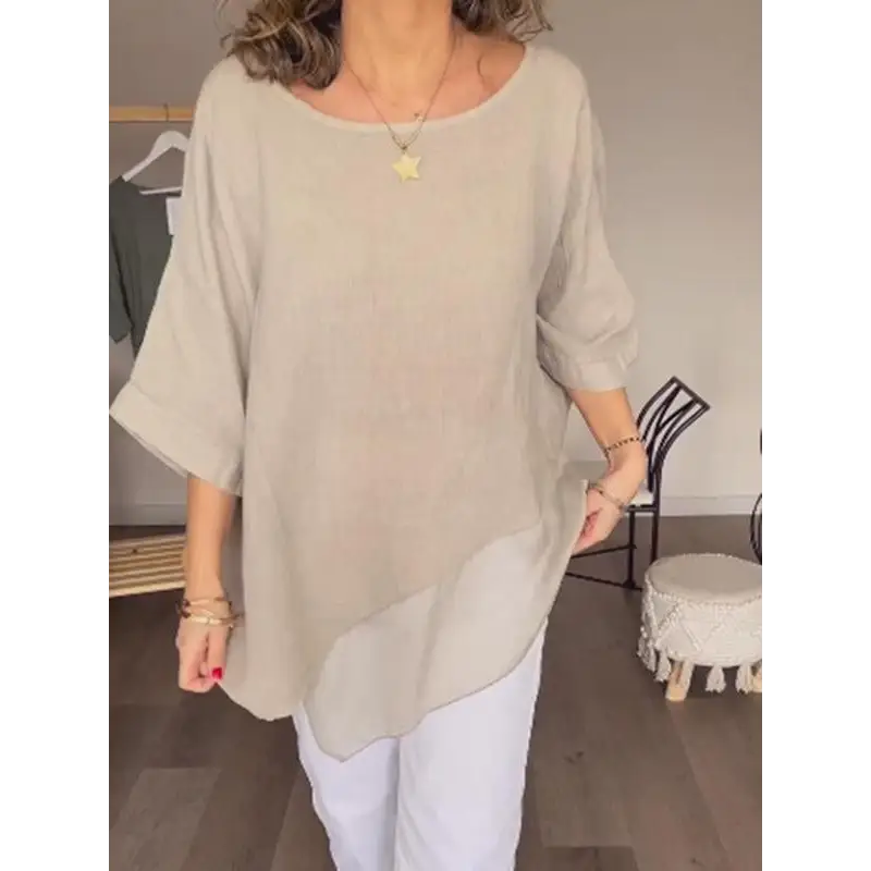 Casual Cotton-Linen Crewneck Blouse with Patchwork Knit – Eartha – Apricot