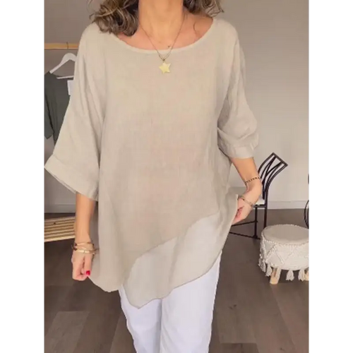 Casual Cotton-Linen Crewneck Blouse with Patchwork Knit – Eartha – Apricot