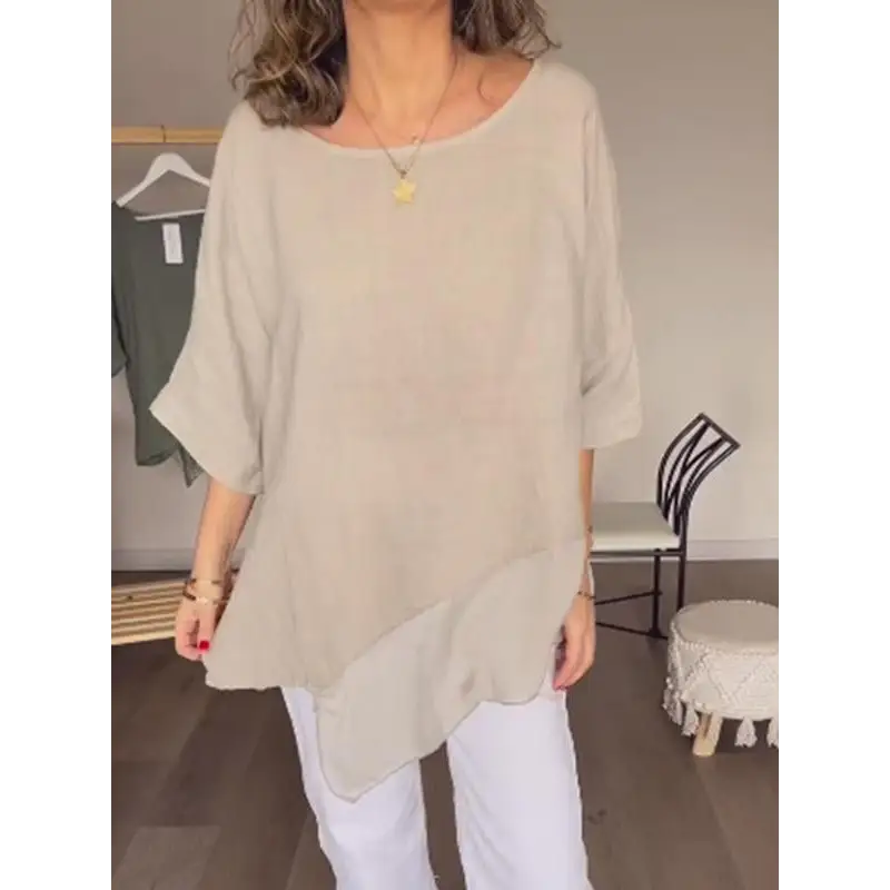 Casual Cotton-Linen Crewneck Blouse with Patchwork Knit – Eartha