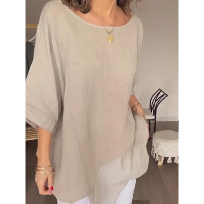 Casual Cotton-Linen Crewneck Blouse with Patchwork Knit – Eartha – view 2