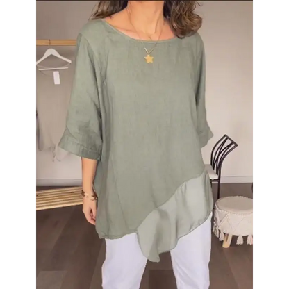 Casual Cotton-Linen Crewneck Blouse with Patchwork Knit – Eartha – view 4