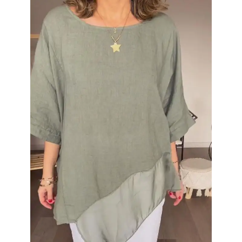 Casual Cotton-Linen Crewneck Blouse with Patchwork Knit – Eartha – view 5