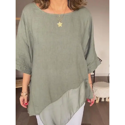 Casual Cotton-Linen Crewneck Blouse with Patchwork Knit – Eartha – view 5
