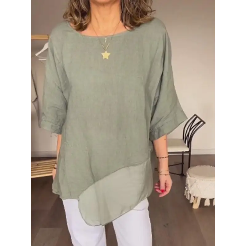Casual Cotton-Linen Crewneck Blouse with Patchwork Knit – Eartha – view 3