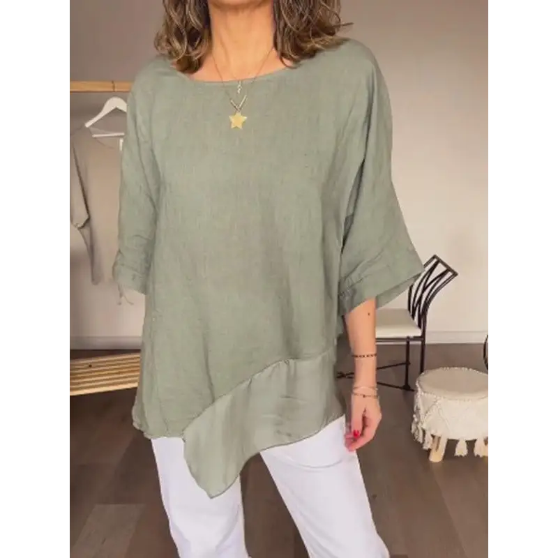 Casual Cotton-Linen Crewneck Blouse with Patchwork Knit – Eartha – Green