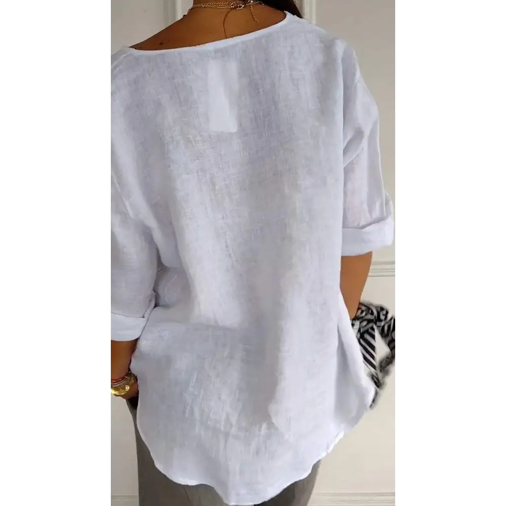 Cotton-Linen V-Neck Blouse with Buttons and Elbow Sleeves – Thea – view 3