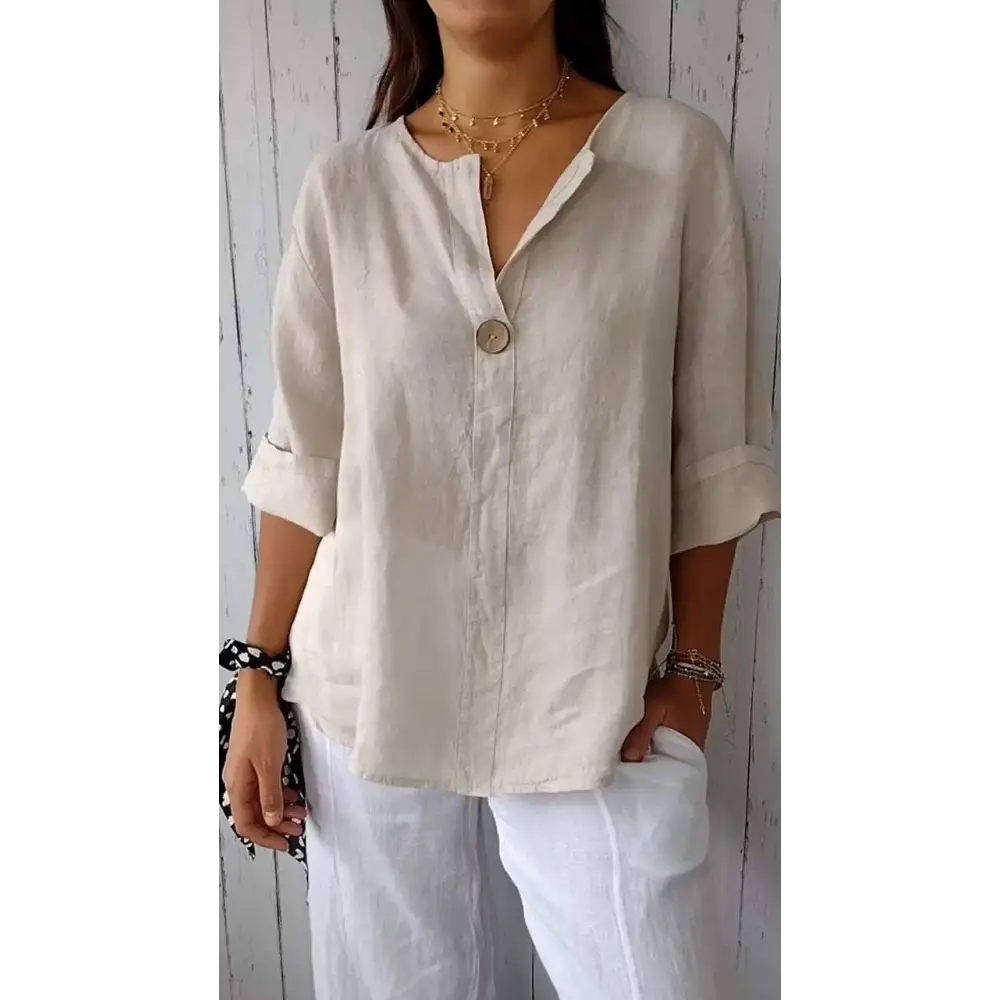 Cotton-Linen V-Neck Blouse with Buttons and Elbow Sleeves – Thea – view 4