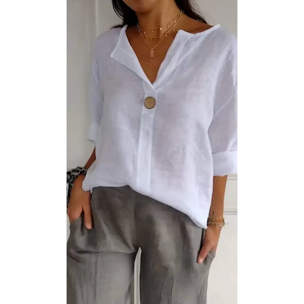Cotton-Linen V-Neck Blouse with Buttons and Elbow Sleeves – Thea – view 2