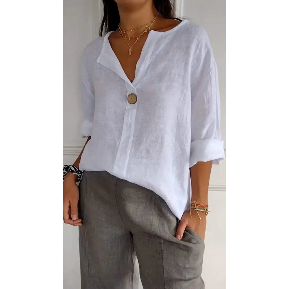 Cotton-Linen V-Neck Blouse with Buttons and Elbow Sleeves – Thea – White