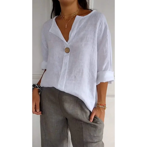 Cotton-Linen V-Neck Blouse with Buttons and Elbow Sleeves – Thea – White