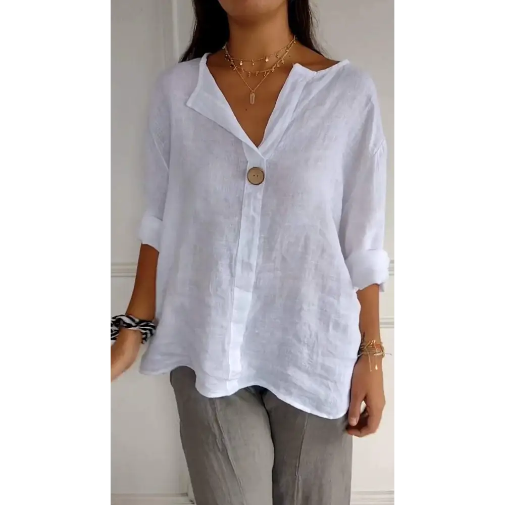 Cotton-Linen V-Neck Blouse with Buttons and Elbow Sleeves – Thea