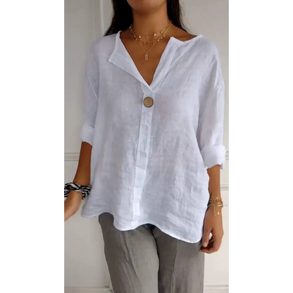Cotton-Linen V-Neck Blouse with Buttons and Elbow Sleeves – Thea