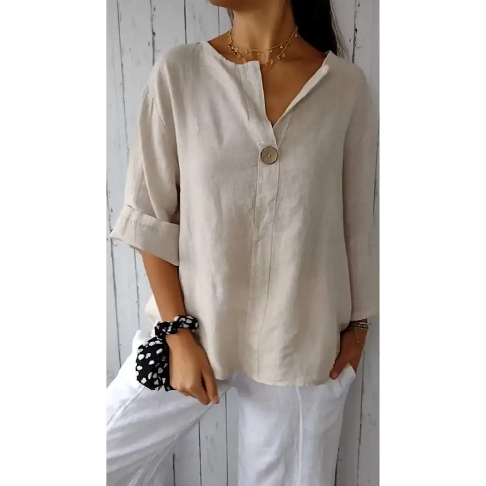 Cotton-Linen V-Neck Blouse with Buttons and Elbow Sleeves – Thea – Apricot
