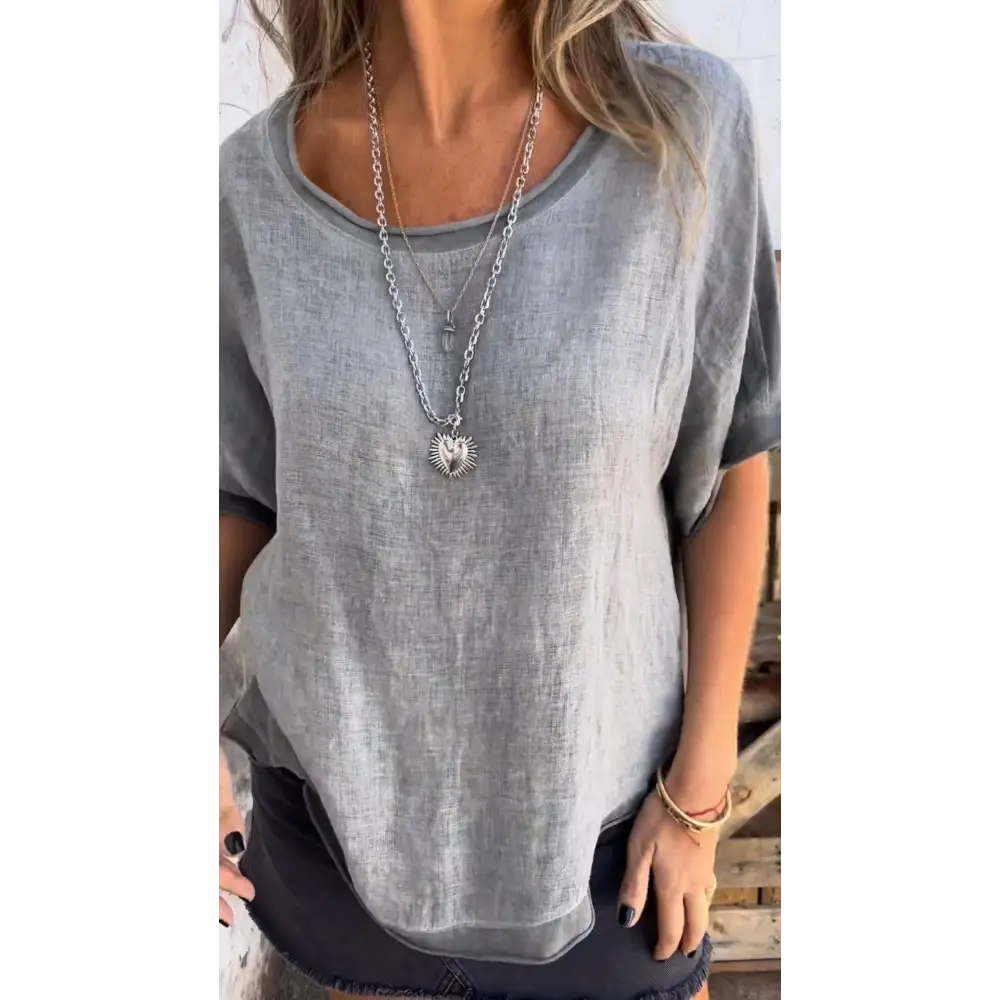 Cotton-Linen Crewneck Blouse with Contrast Patchwork – Hazel – view 3