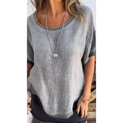 Cotton-Linen Crewneck Blouse with Contrast Patchwork – Hazel – view 3