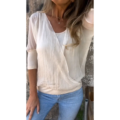 Solid Crewneck Blouse with Elbow Sleeves – Lilith – White