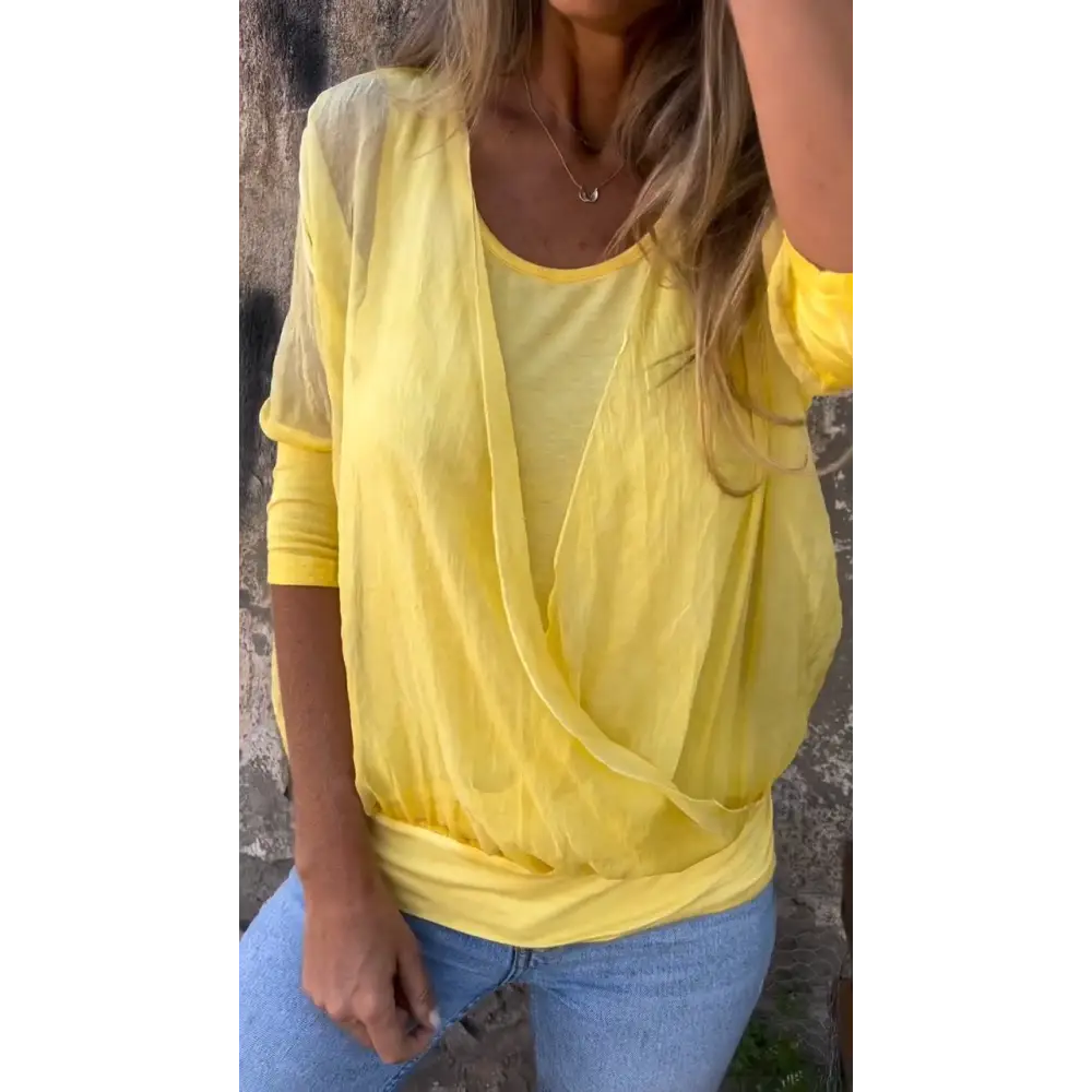 Solid Crewneck Blouse with Elbow Sleeves – Lilith – Yellow