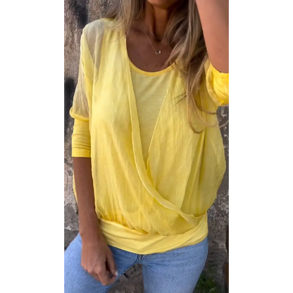 Solid Crewneck Blouse with Elbow Sleeves – Lilith – Yellow