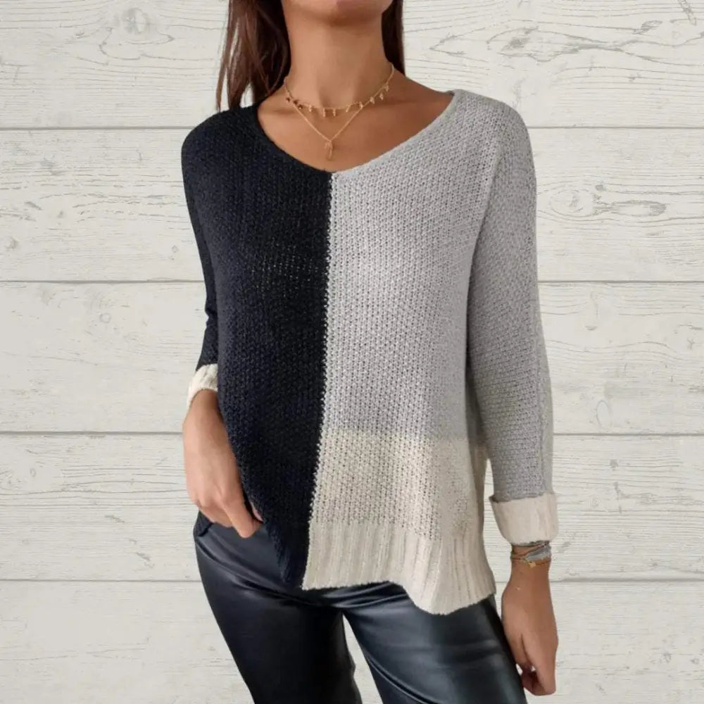 Casual Contrast Knit Crewneck Blouse – Diana – Black