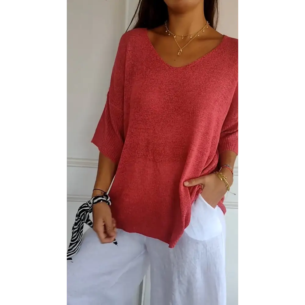 Solid Knit V-Neck Blouse – Alessia – view 2