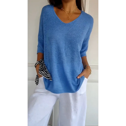 Solid Knit V-Neck Blouse – Alessia – Blue