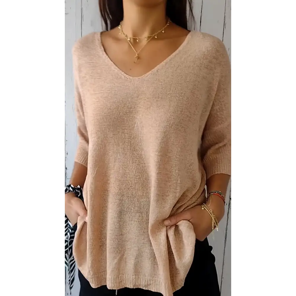 Solid Knit V-Neck Blouse – Alessia – Apricot