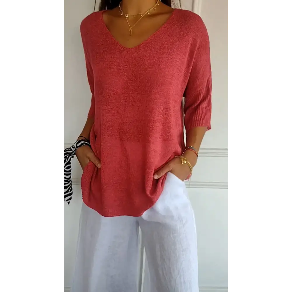 Solid Knit V-Neck Blouse – Alessia – Red
