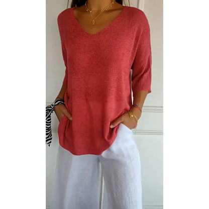 Solid Knit V-Neck Blouse – Alessia – Red