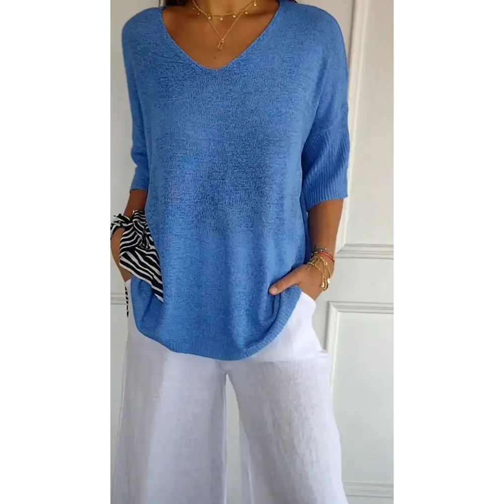 Solid Knit V-Neck Blouse – Alessia – view 3