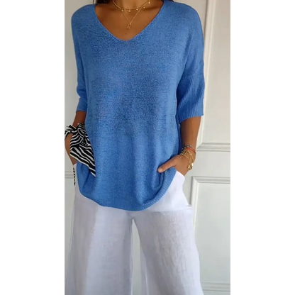 Solid Knit V-Neck Blouse – Alessia – view 3