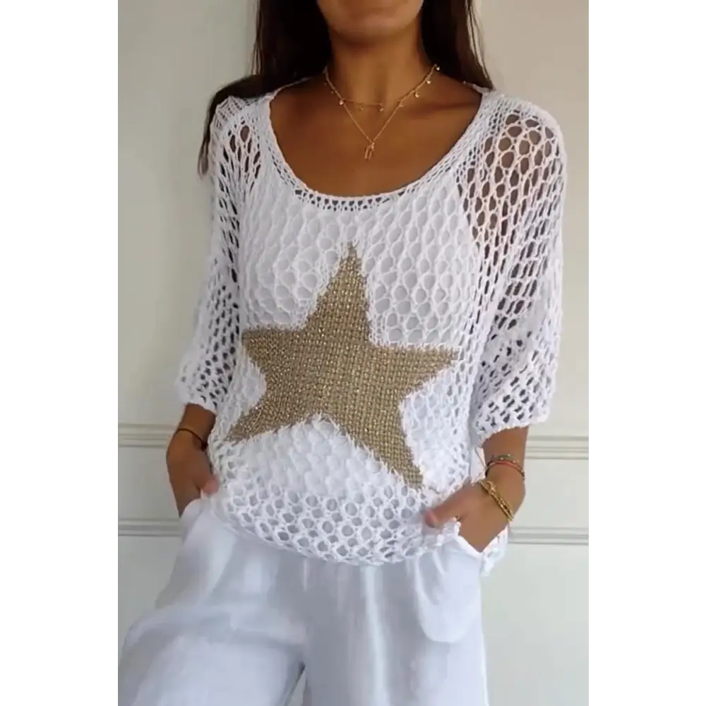 Star-Print Knit Blouse – Zelda – White