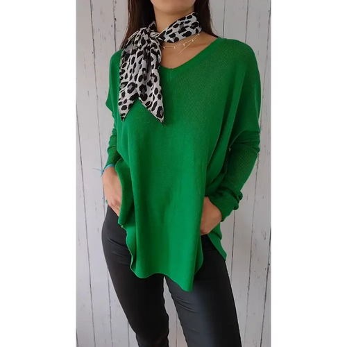 Knit Long-Sleeve V-Neck Blouse – Delia – Green